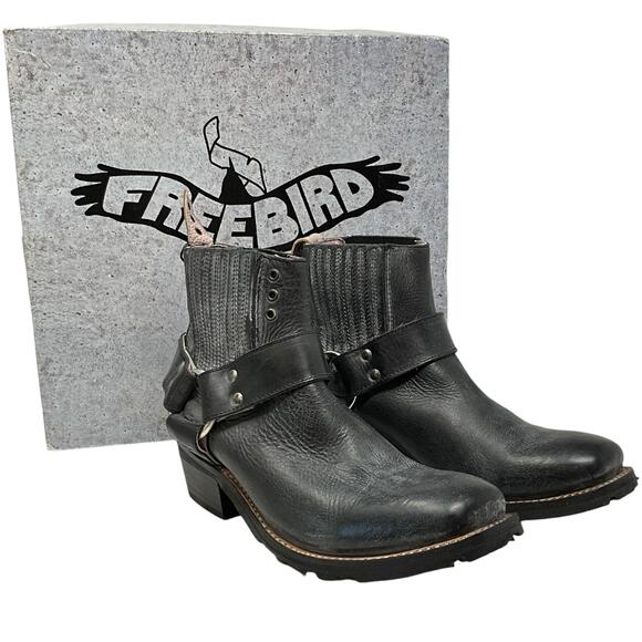 Freebird Shoes - Freebird Whiskey Boots Womens 10 Black Leather Ankle Harness Biker Block Heel